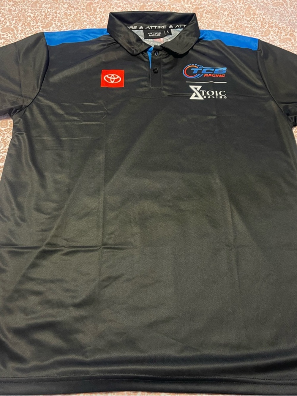 Attire Access Men’s Black Polo with Blue Shoulder Panels and Racing Logos NASCAR